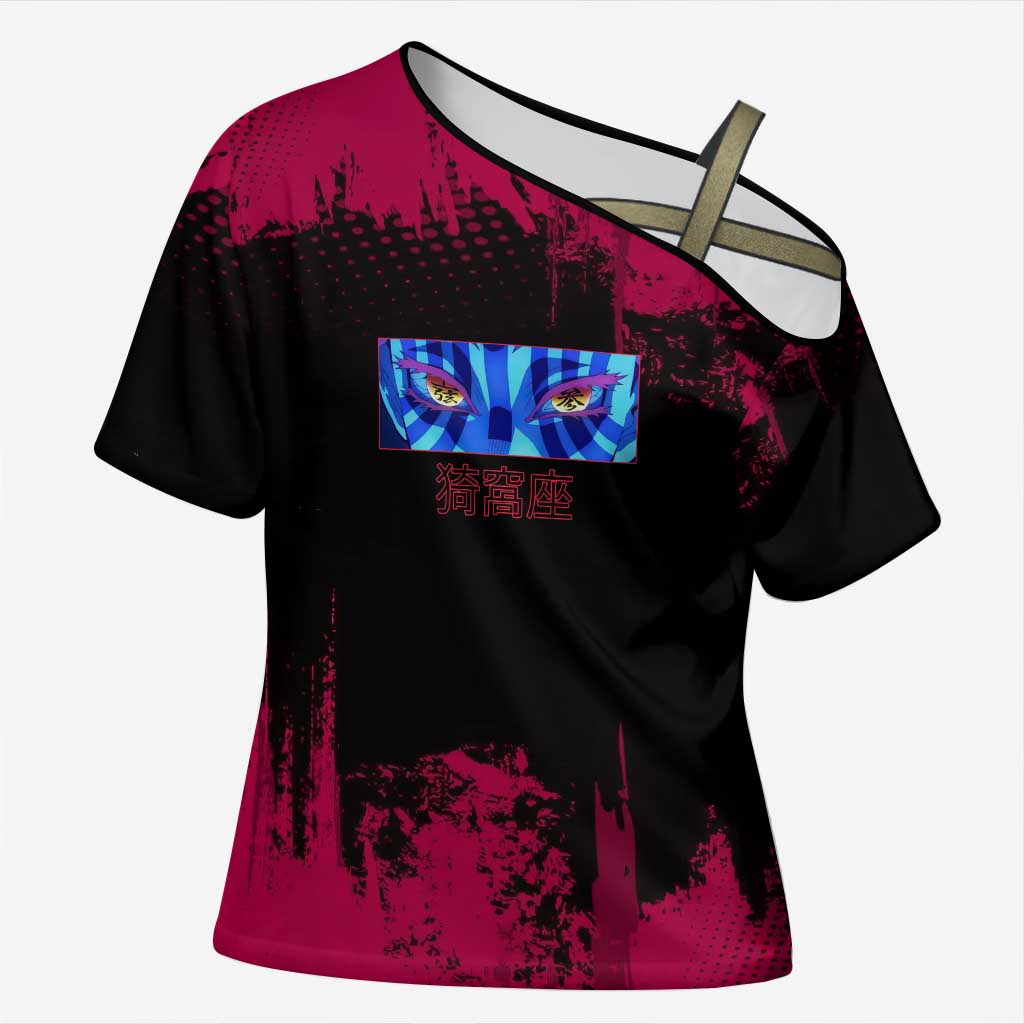 Akaza Demon Slayer Intense Eyes Design Cross Shoulder Shirt with Red and Black Grunge Aesthetic and Dynamic Pose - The Mazicc