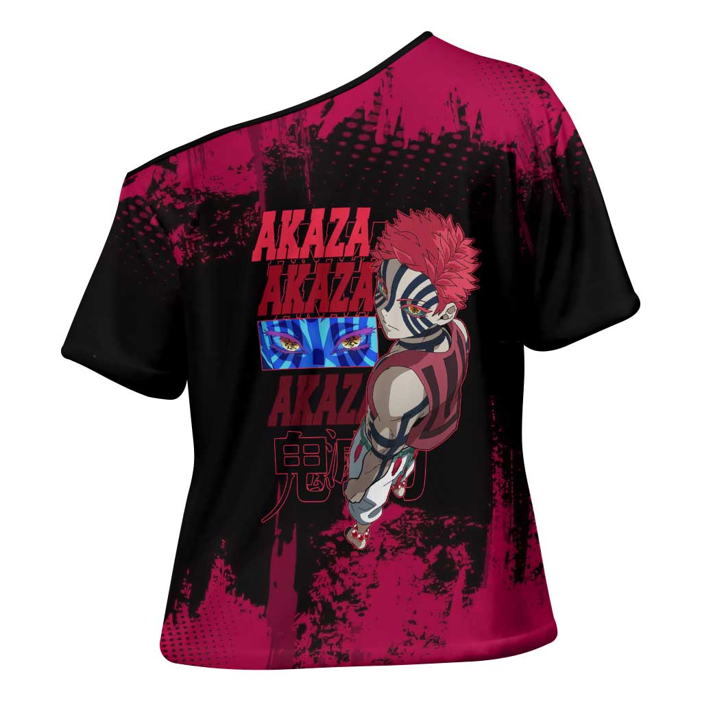 Akaza Demon Slayer Intense Eyes Design Cross Shoulder Shirt with Red and Black Grunge Aesthetic and Dynamic Pose - The Mazicc