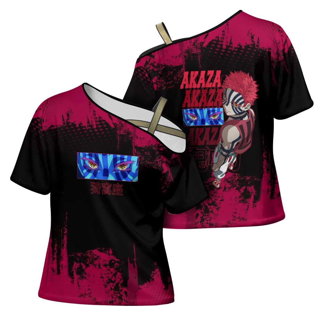 Akaza Demon Slayer Intense Eyes Design Cross Shoulder Shirt with Red and Black Grunge Aesthetic and Dynamic Pose - The Mazicc