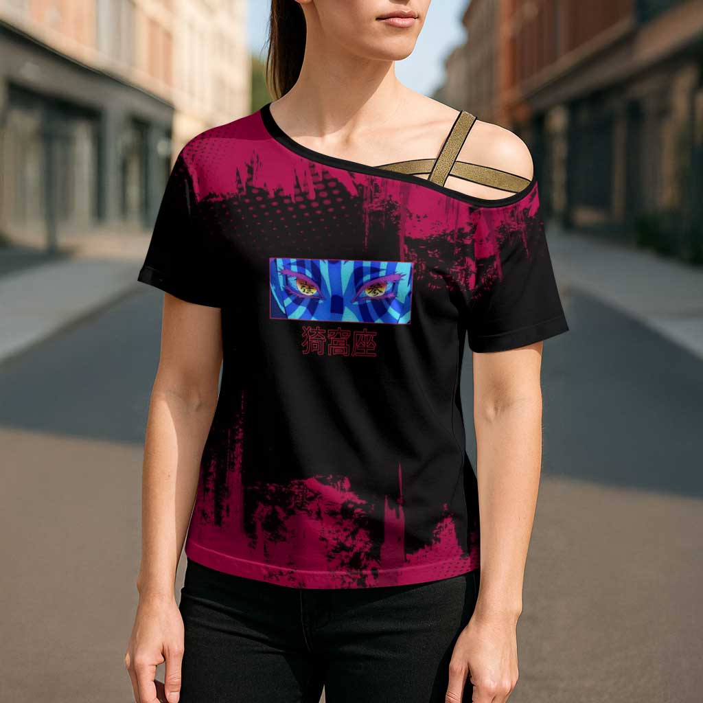Akaza Demon Slayer Intense Eyes Design Cross Shoulder Shirt with Red and Black Grunge Aesthetic and Dynamic Pose - The Mazicc
