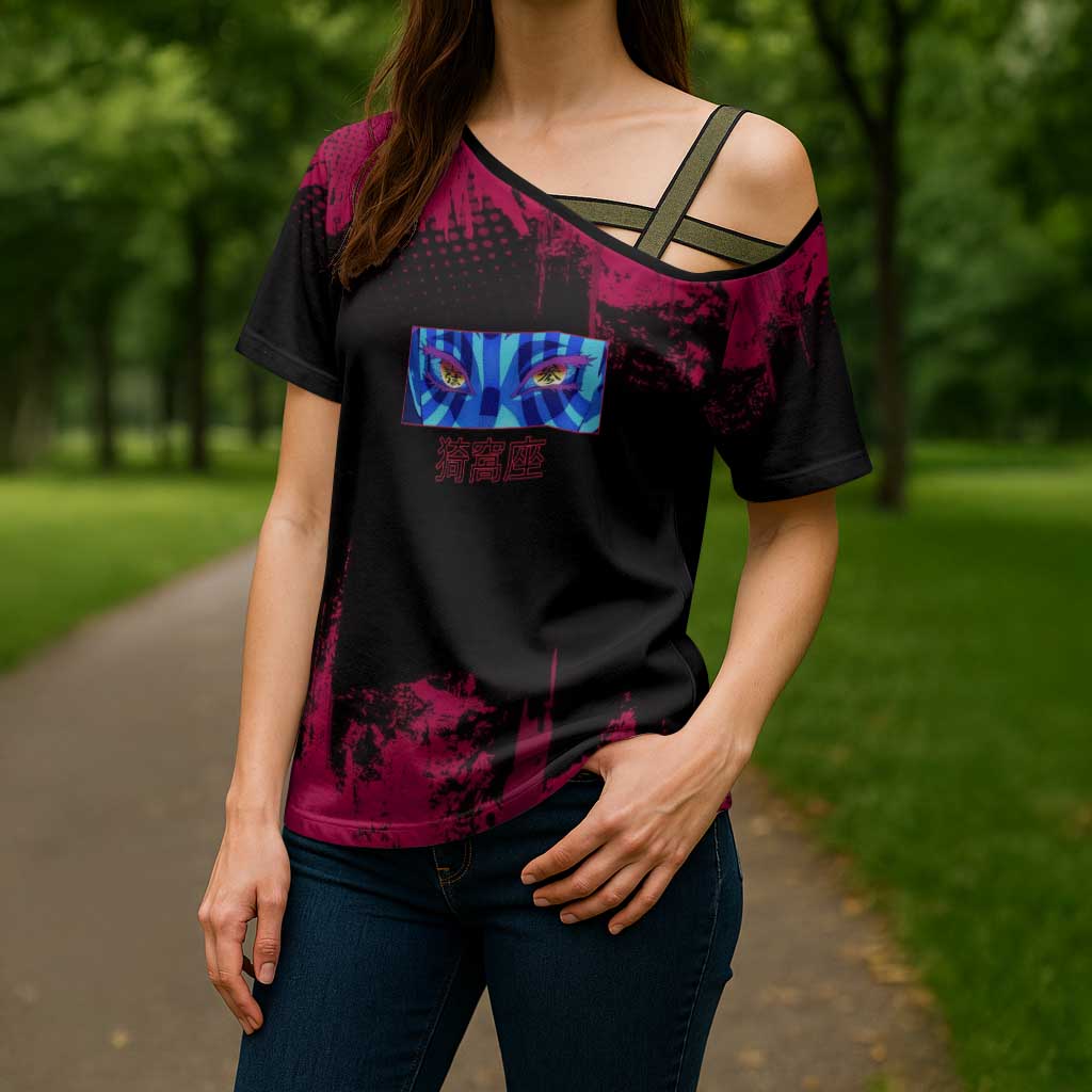 Akaza Demon Slayer Intense Eyes Design Cross Shoulder Shirt with Red and Black Grunge Aesthetic and Dynamic Pose - The Mazicc