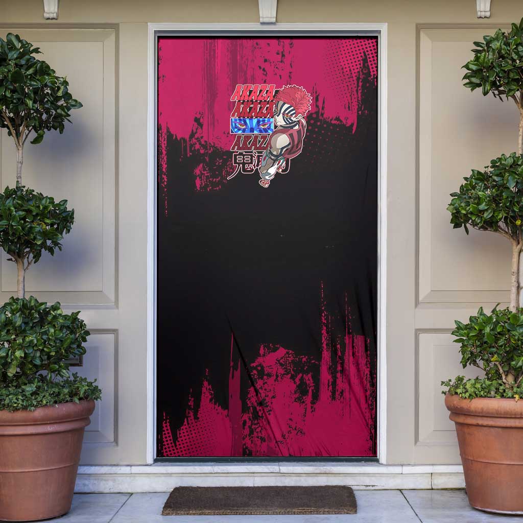 Akaza Demon Slayer Intense Eyes Design Door Cover with Red and Black Grunge Aesthetic and Dynamic Pose - The Mazicc