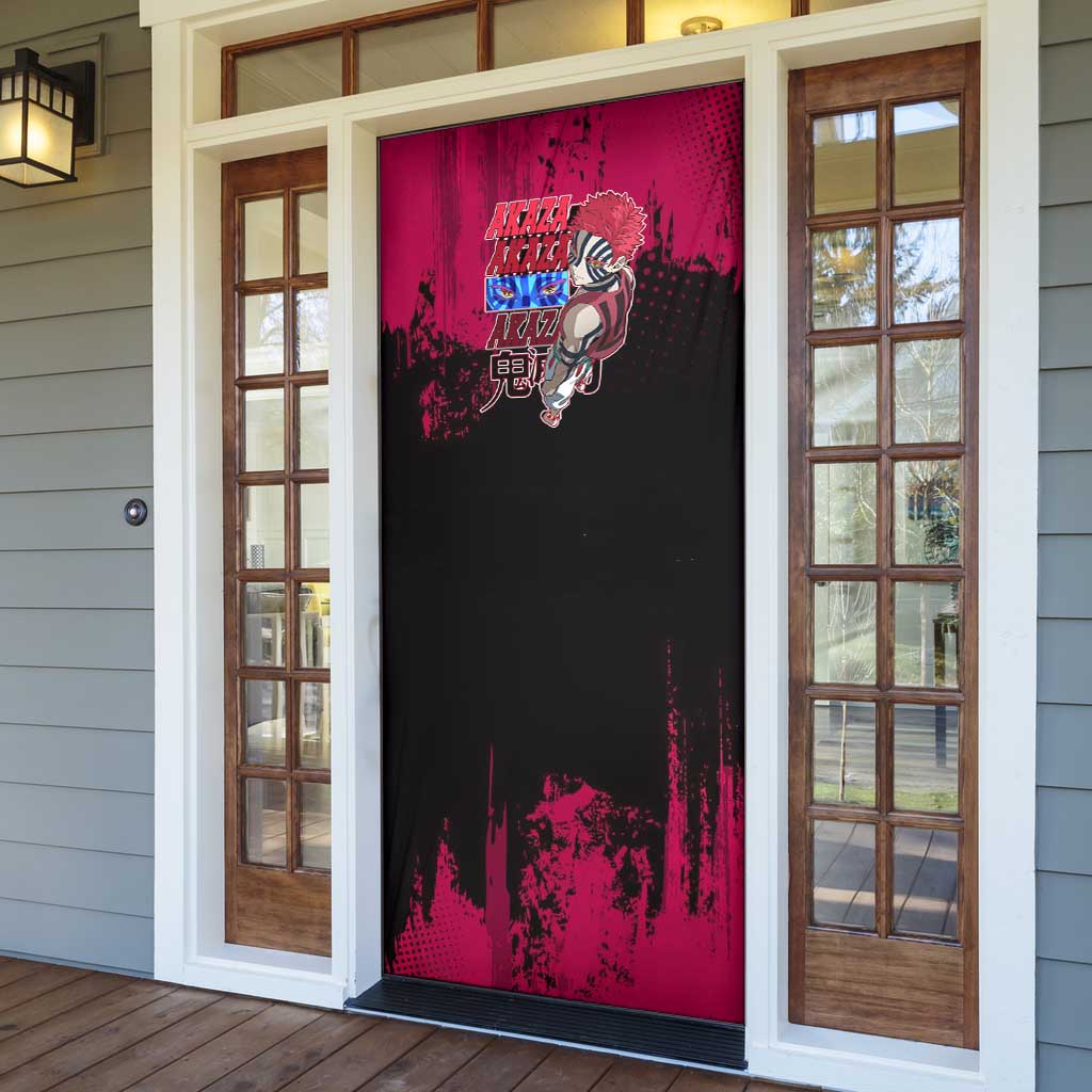 Akaza Demon Slayer Intense Eyes Design Door Cover with Red and Black Grunge Aesthetic and Dynamic Pose - The Mazicc