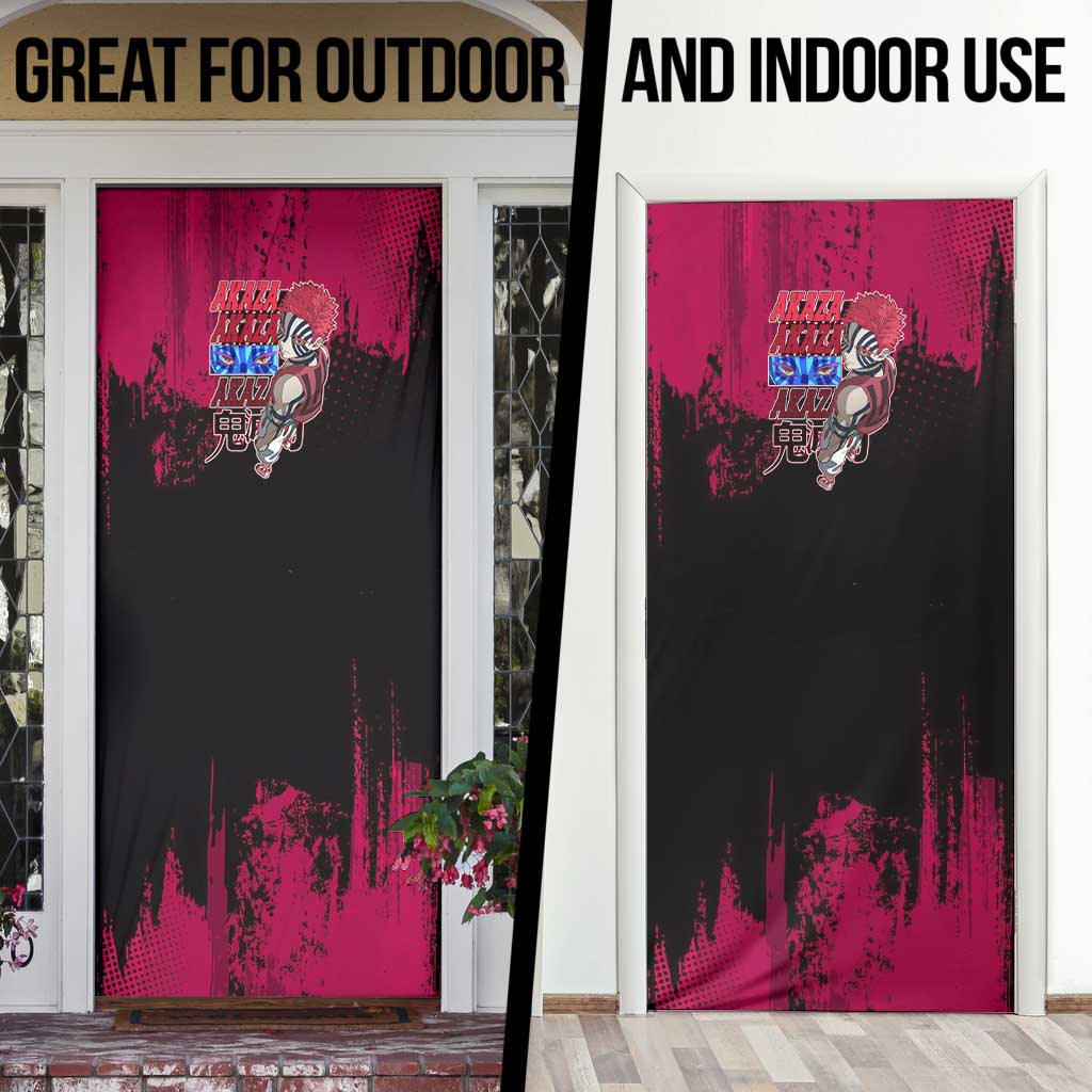 Akaza Demon Slayer Intense Eyes Design Door Cover with Red and Black Grunge Aesthetic and Dynamic Pose - The Mazicc