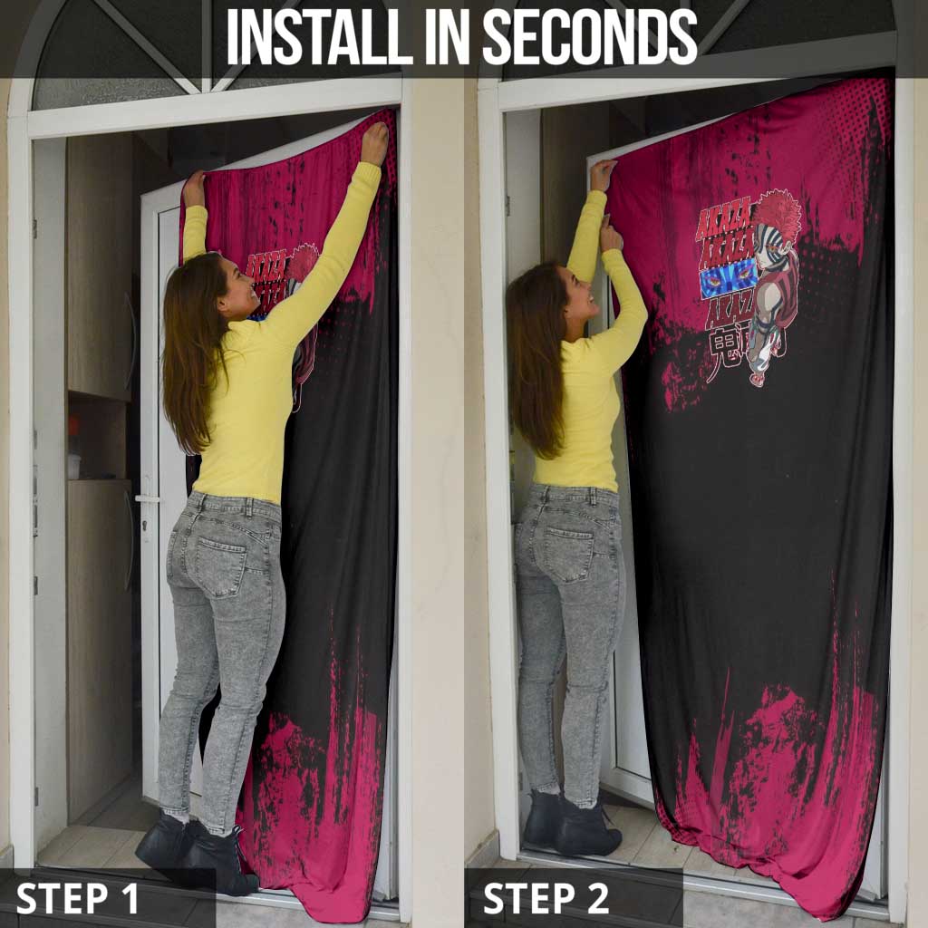 Akaza Demon Slayer Intense Eyes Design Door Cover with Red and Black Grunge Aesthetic and Dynamic Pose - The Mazicc