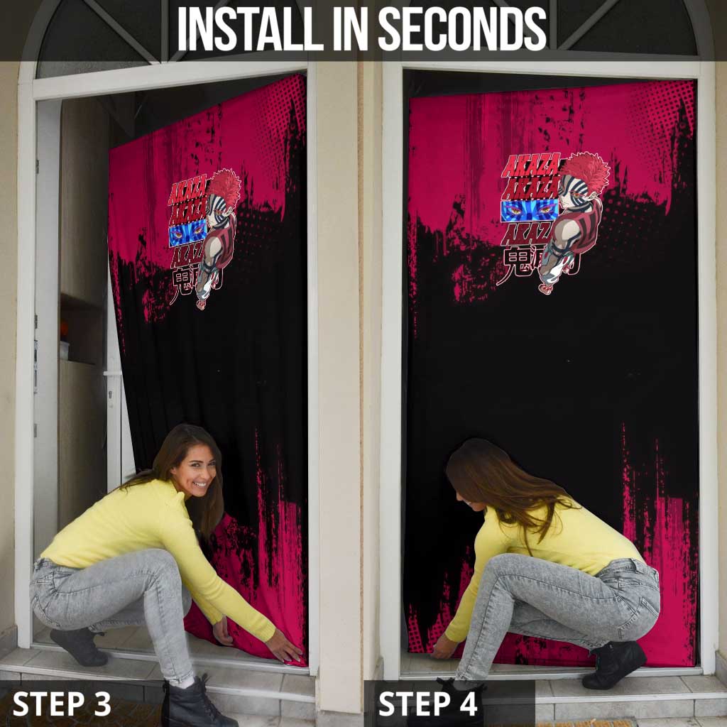 Akaza Demon Slayer Intense Eyes Design Door Cover with Red and Black Grunge Aesthetic and Dynamic Pose - The Mazicc