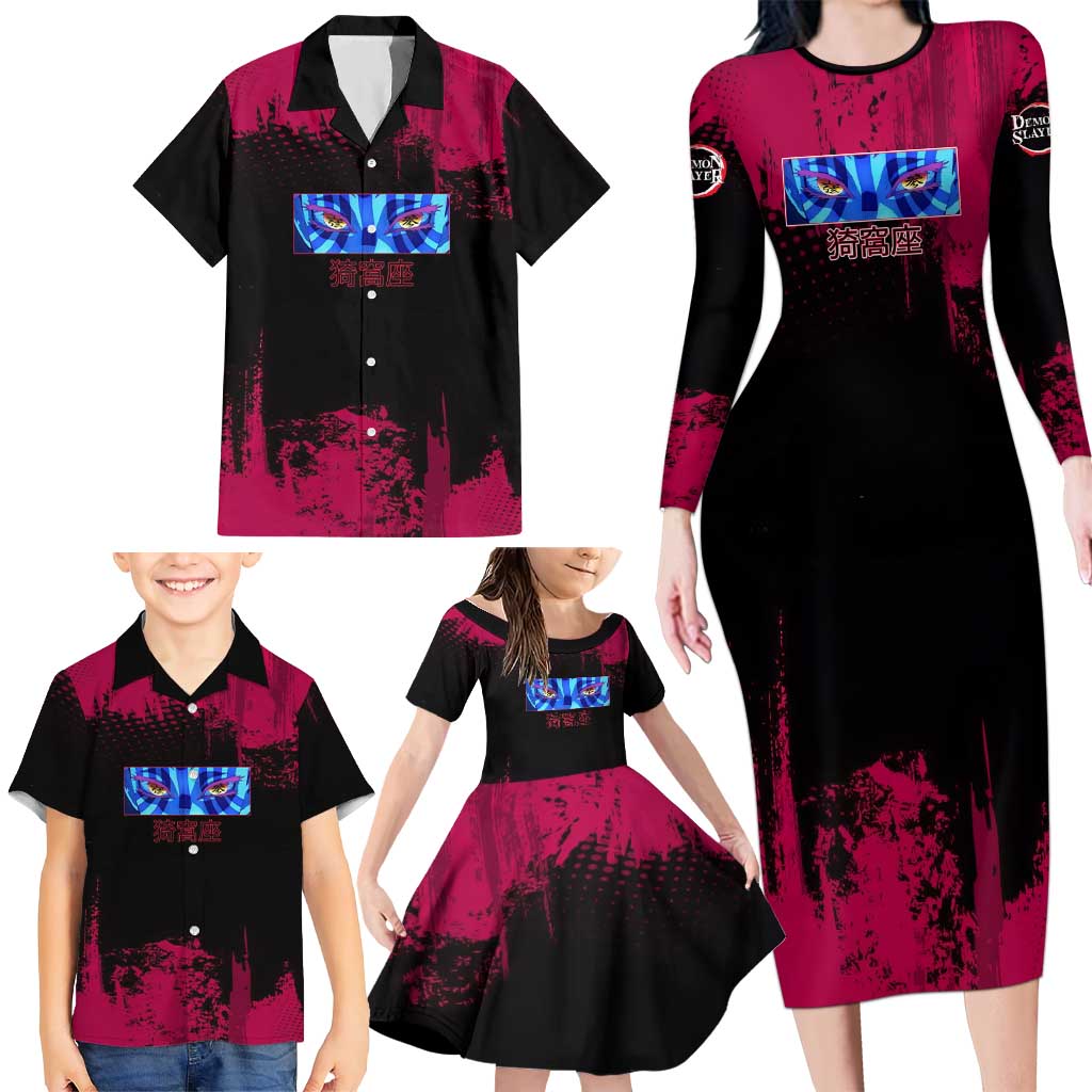 Akaza Demon Slayer Intense Eyes Design Family Matching Long Sleeve Bodycon Dress and Hawaiian Shirt with Red and Black Grunge Aesthetic and Dynamic Pose