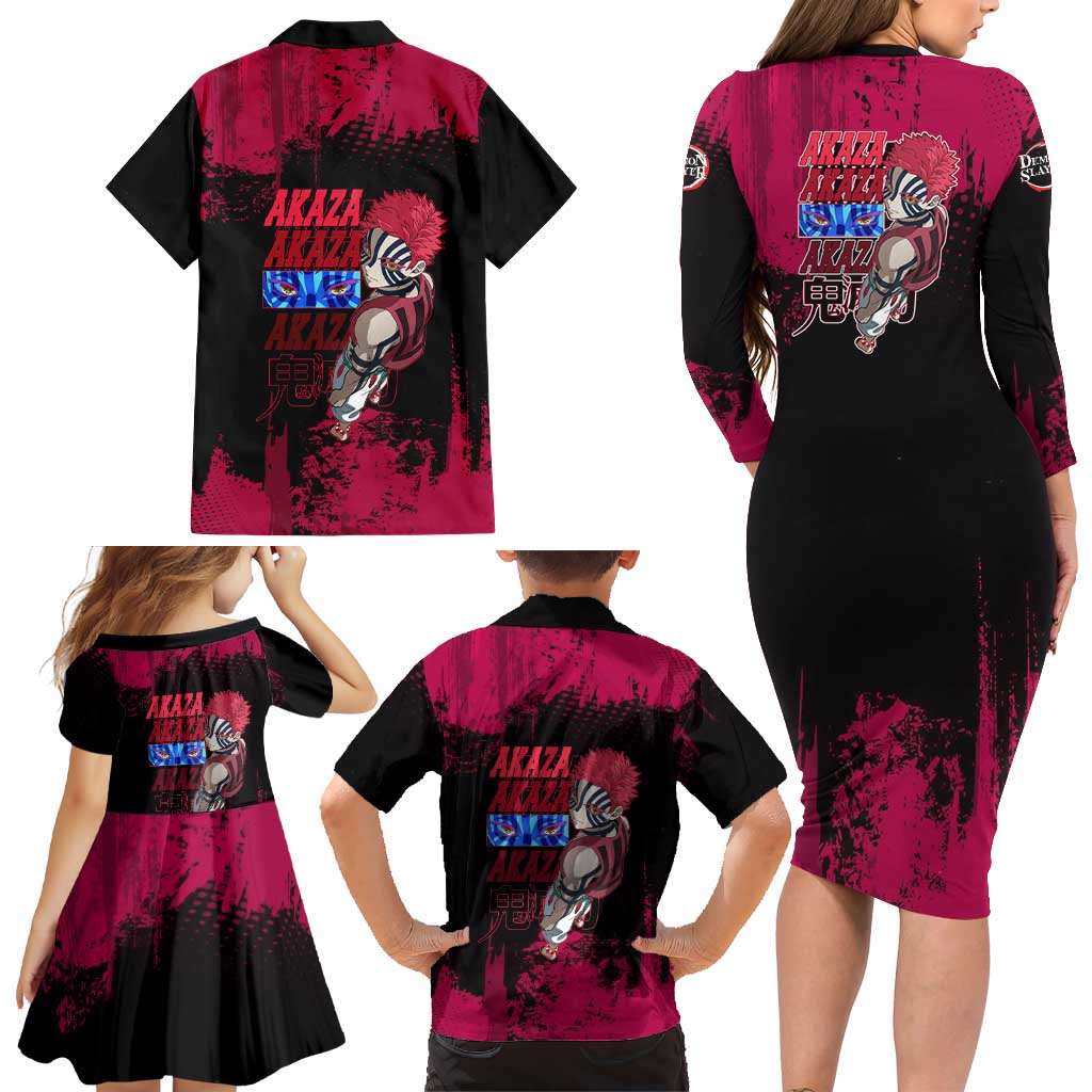 Akaza Demon Slayer Intense Eyes Design Family Matching Long Sleeve Bodycon Dress and Hawaiian Shirt with Red and Black Grunge Aesthetic and Dynamic Pose