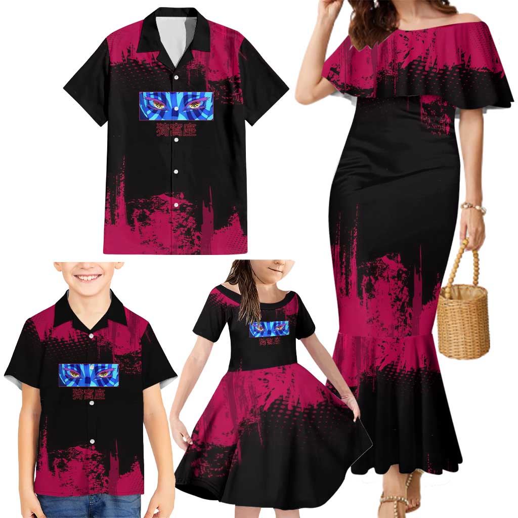 Akaza Demon Slayer Intense Eyes Design Family Matching Mermaid Dress and Hawaiian Shirt with Red and Black Grunge Aesthetic and Dynamic Pose