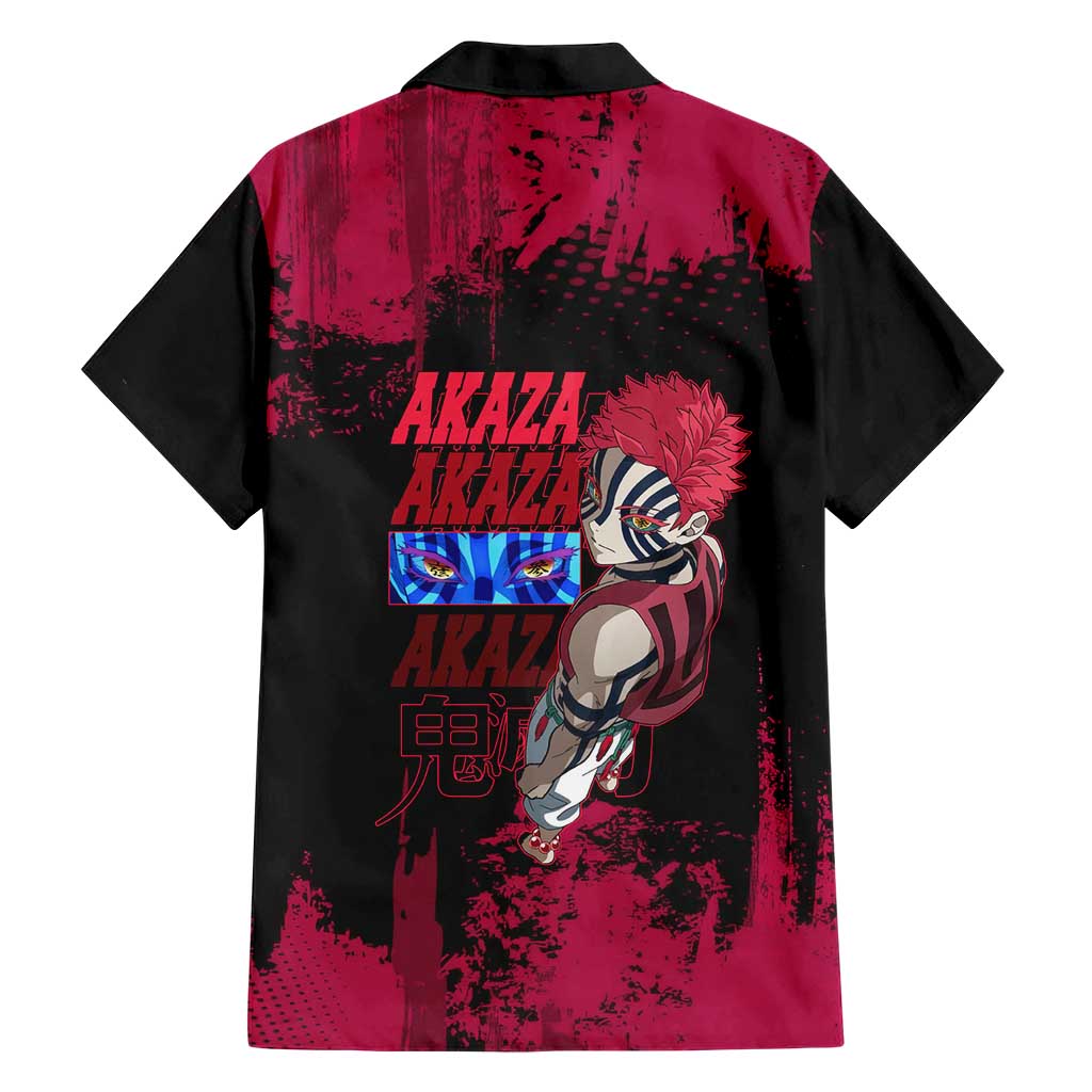 Akaza Demon Slayer Intense Eyes Design Family Matching Mermaid Dress and Hawaiian Shirt with Red and Black Grunge Aesthetic and Dynamic Pose