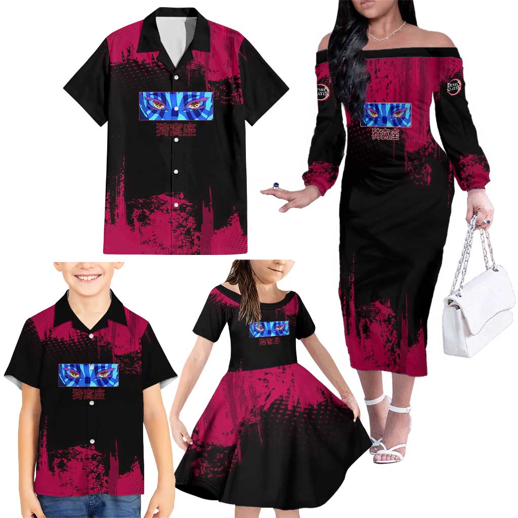 Akaza Demon Slayer Intense Eyes Design Family Matching Off The Shoulder Long Sleeve Dress and Hawaiian Shirt with Red and Black Grunge Aesthetic and Dynamic Pose