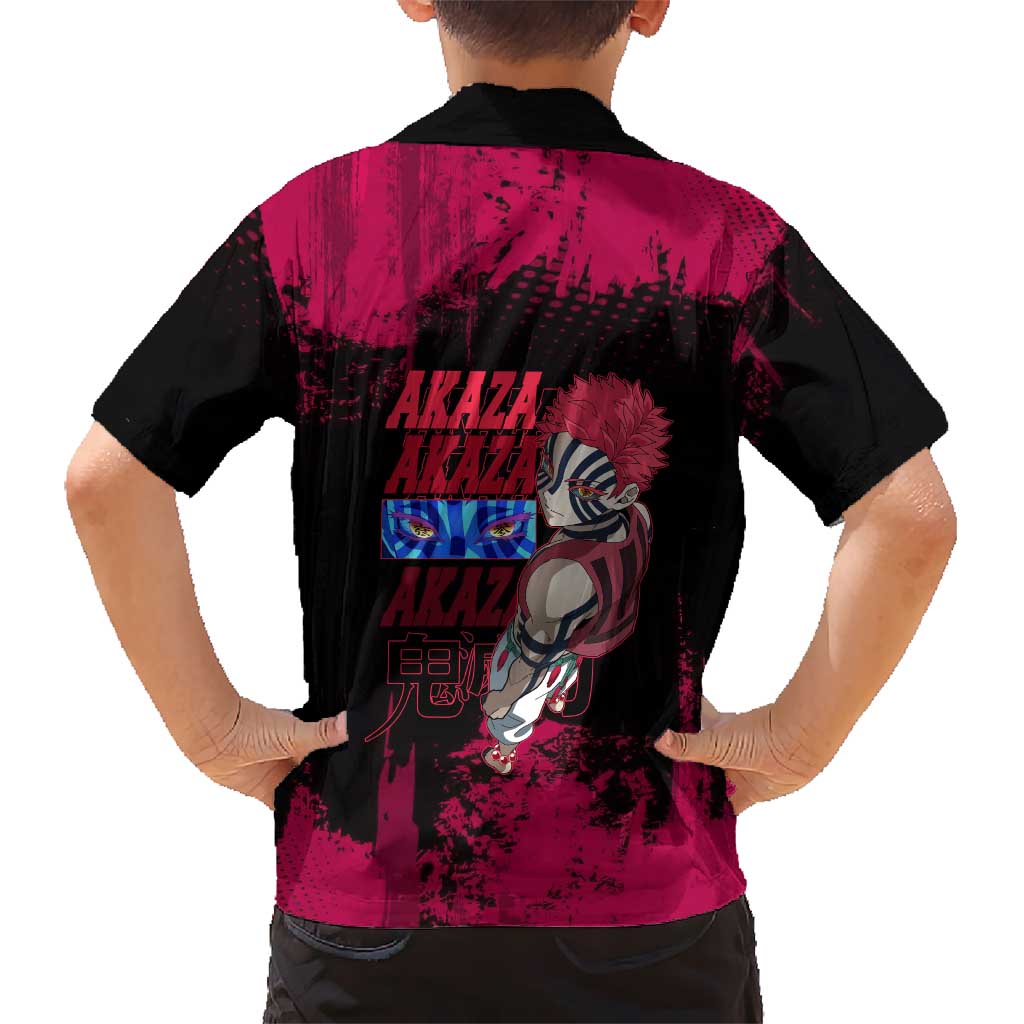 Akaza Demon Slayer Intense Eyes Design Family Matching Off The Shoulder Long Sleeve Dress and Hawaiian Shirt with Red and Black Grunge Aesthetic and Dynamic Pose