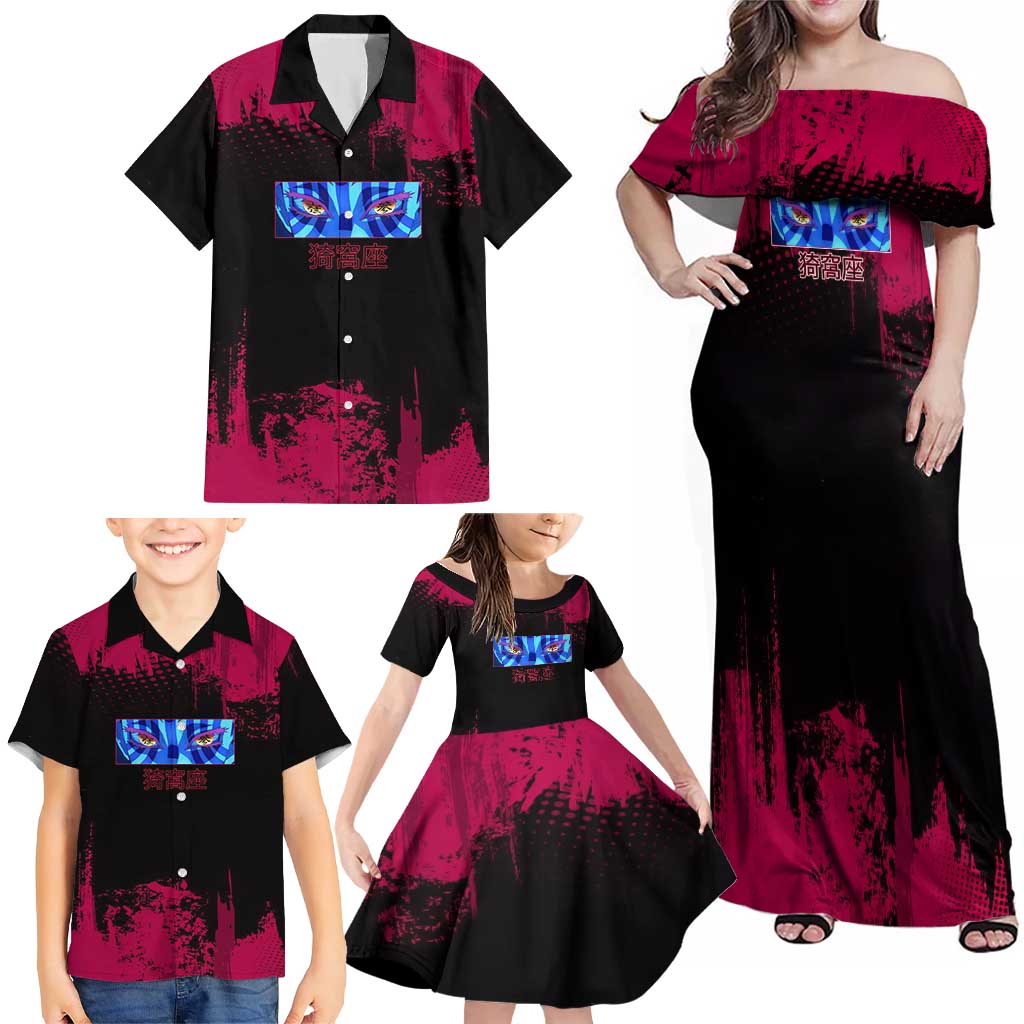 Akaza Demon Slayer Intense Eyes Design Family Matching Off Shoulder Maxi Dress and Hawaiian Shirt with Red and Black Grunge Aesthetic and Dynamic Pose