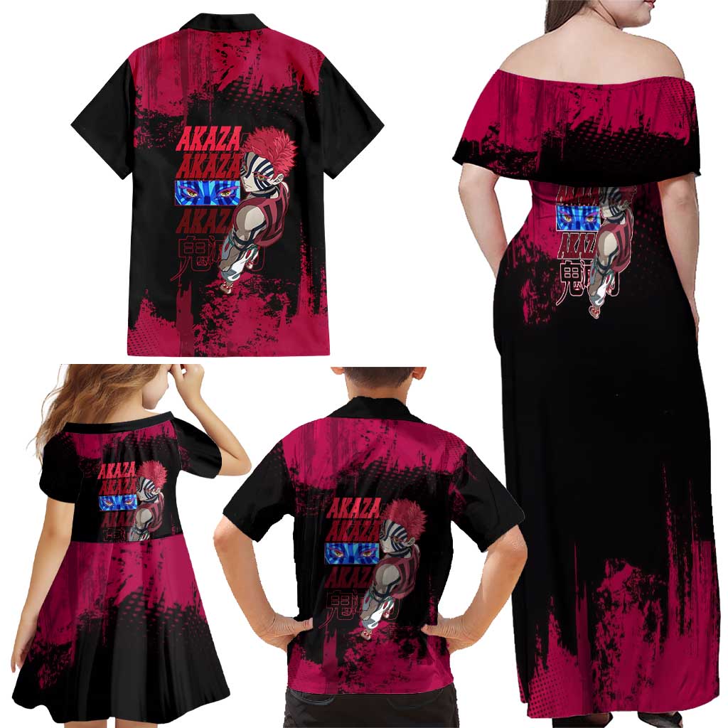 Akaza Demon Slayer Intense Eyes Design Family Matching Off Shoulder Maxi Dress and Hawaiian Shirt with Red and Black Grunge Aesthetic and Dynamic Pose