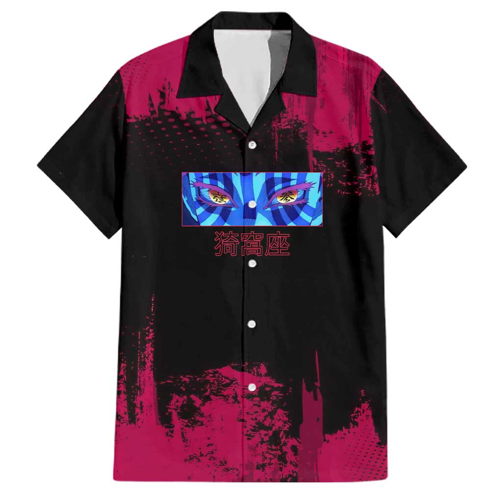 Akaza Demon Slayer Intense Eyes Design Family Matching Off Shoulder Maxi Dress and Hawaiian Shirt with Red and Black Grunge Aesthetic and Dynamic Pose