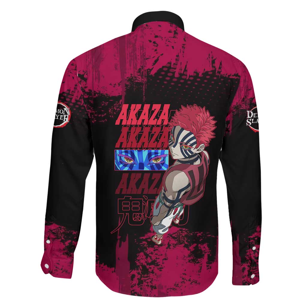 Akaza Demon Slayer Intense Eyes Design Family Matching Off Shoulder Maxi Dress and Hawaiian Shirt with Red and Black Grunge Aesthetic and Dynamic Pose