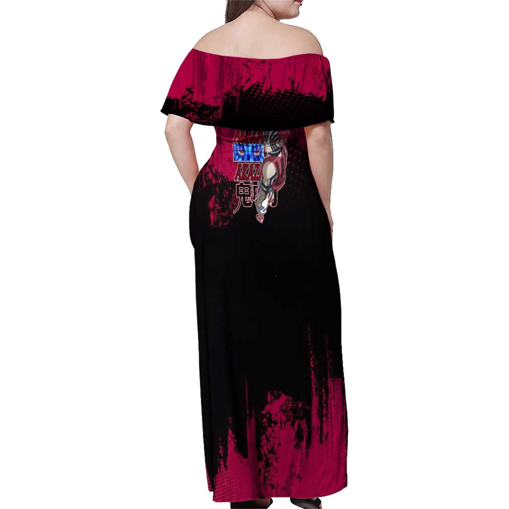 Akaza Demon Slayer Intense Eyes Design Family Matching Off Shoulder Maxi Dress and Hawaiian Shirt with Red and Black Grunge Aesthetic and Dynamic Pose