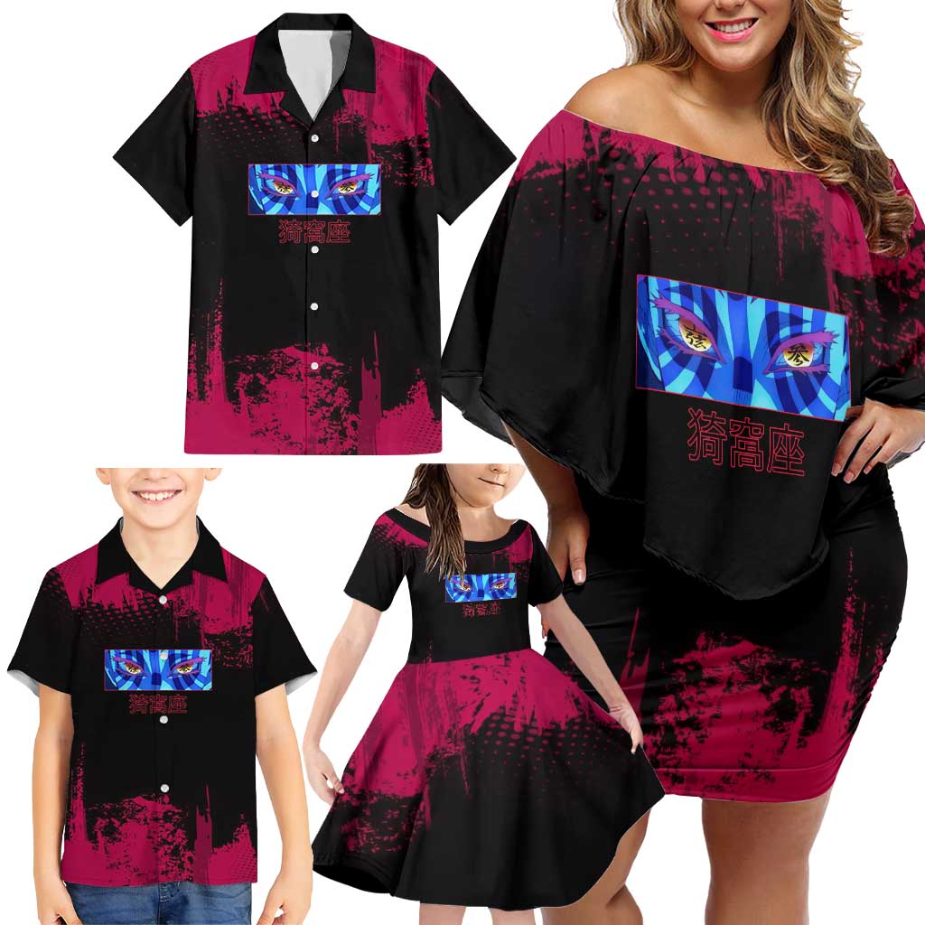 Akaza Demon Slayer Intense Eyes Design Family Matching Off Shoulder Short Dress and Hawaiian Shirt with Red and Black Grunge Aesthetic and Dynamic Pose