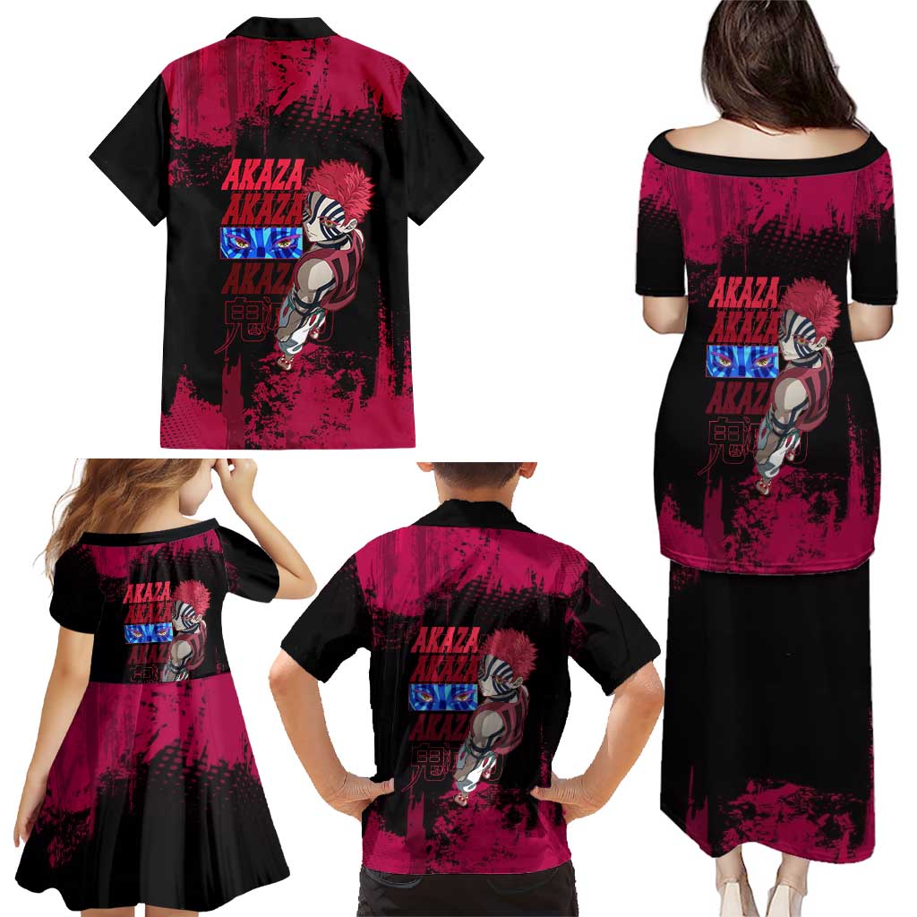 Akaza Demon Slayer Intense Eyes Design Family Matching Puletasi and Hawaiian Shirt with Red and Black Grunge Aesthetic and Dynamic Pose