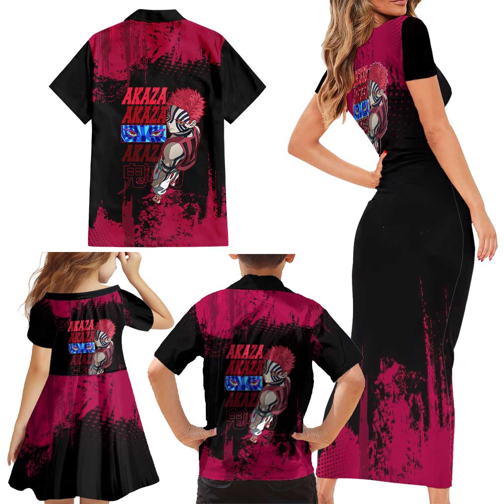 Akaza Demon Slayer Intense Eyes Design Family Matching Short Sleeve Bodycon Dress and Hawaiian Shirt with Red and Black Grunge Aesthetic and Dynamic Pose