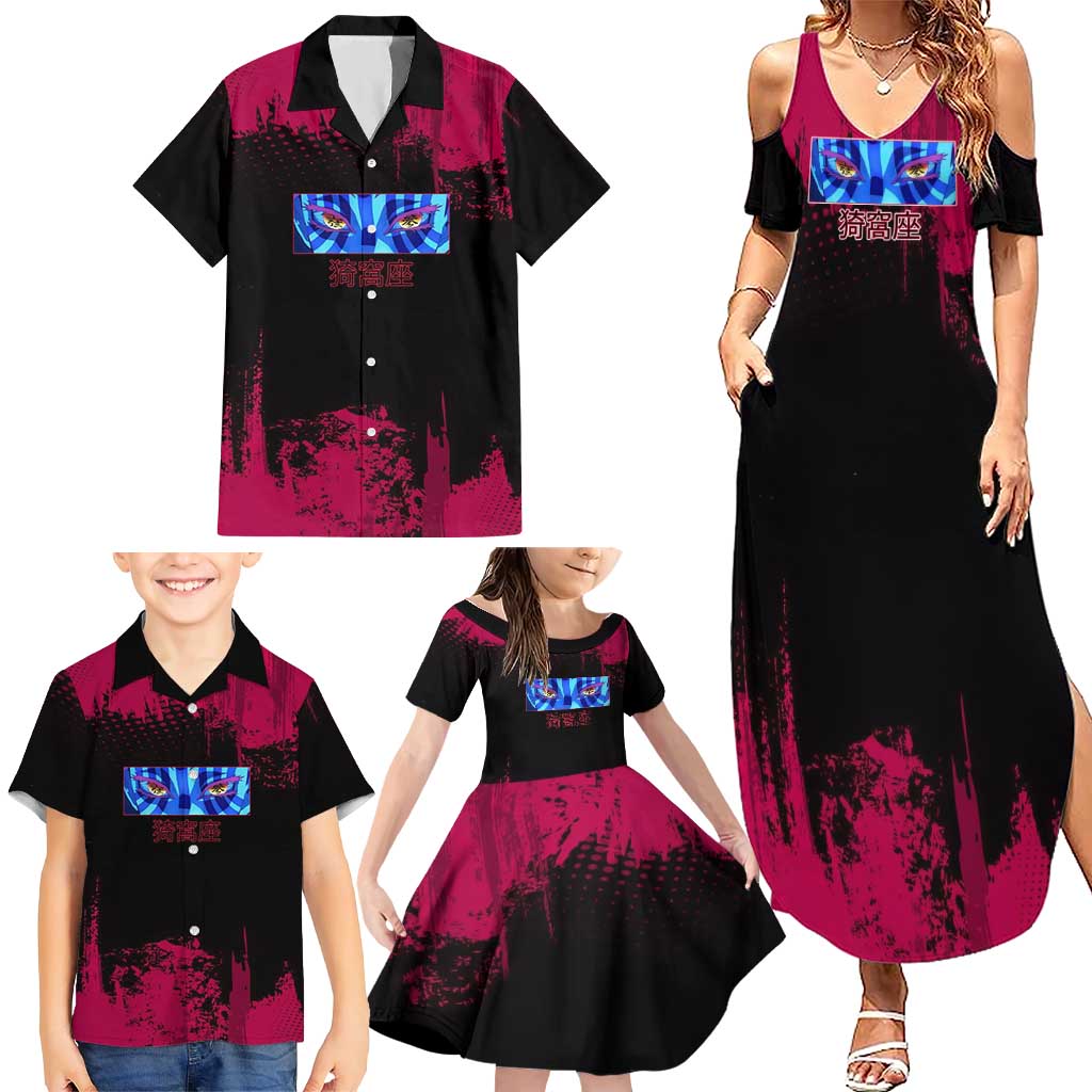 Akaza Demon Slayer Intense Eyes Design Family Matching Summer Maxi Dress and Hawaiian Shirt with Red and Black Grunge Aesthetic and Dynamic Pose