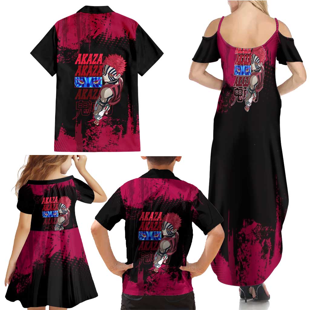 Akaza Demon Slayer Intense Eyes Design Family Matching Summer Maxi Dress and Hawaiian Shirt with Red and Black Grunge Aesthetic and Dynamic Pose