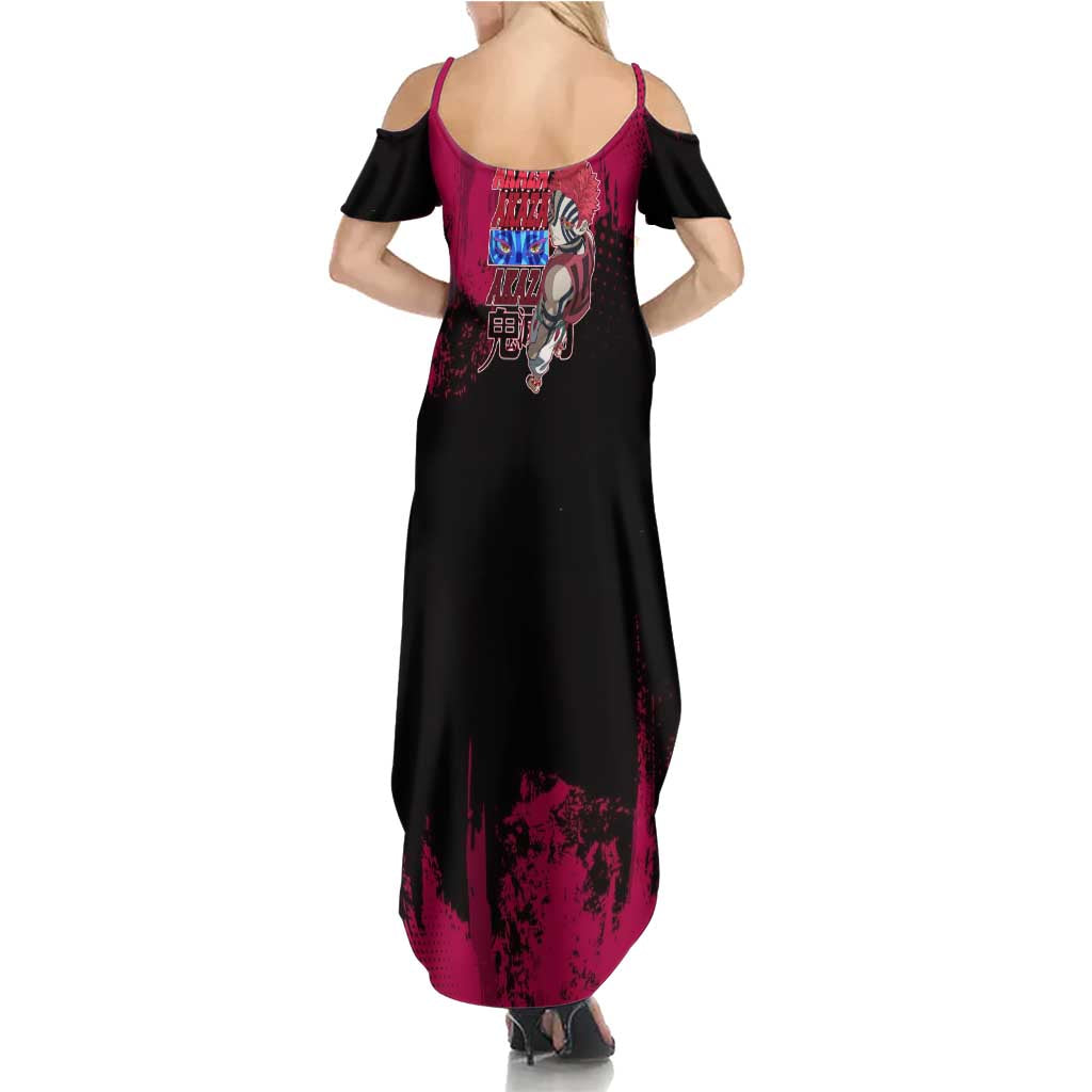 Akaza Demon Slayer Intense Eyes Design Family Matching Summer Maxi Dress and Hawaiian Shirt with Red and Black Grunge Aesthetic and Dynamic Pose