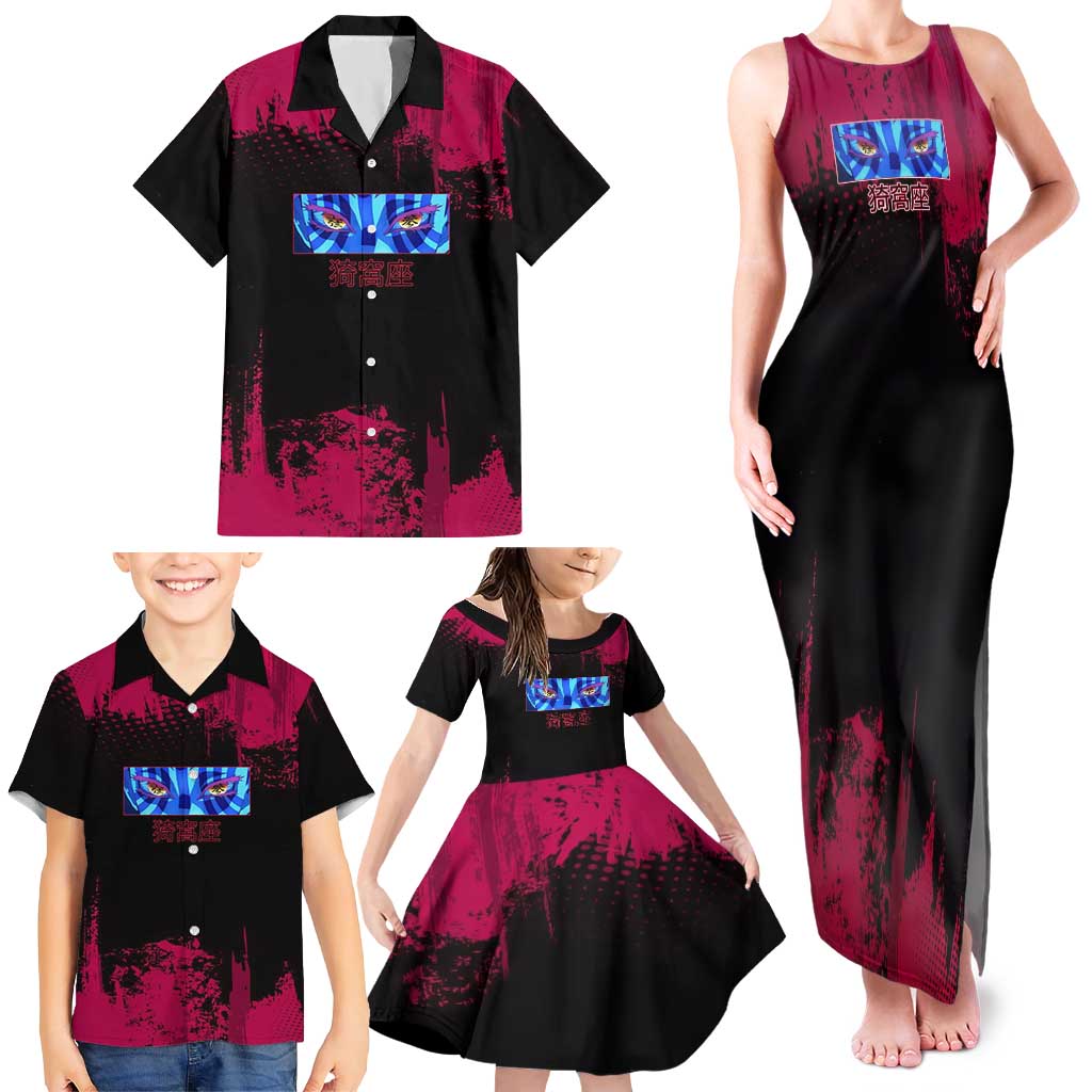 Akaza Demon Slayer Intense Eyes Design Family Matching Tank Maxi Dress and Hawaiian Shirt with Red and Black Grunge Aesthetic and Dynamic Pose