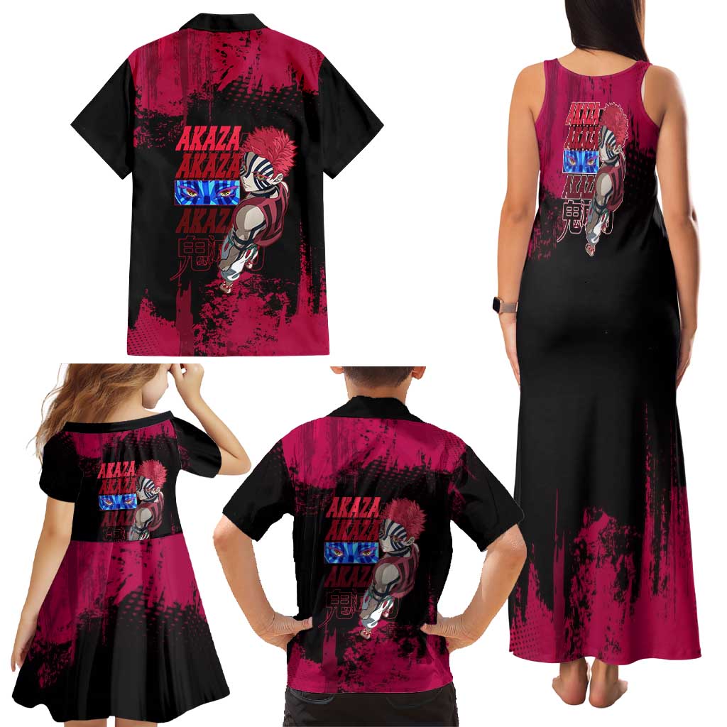 Akaza Demon Slayer Intense Eyes Design Family Matching Tank Maxi Dress and Hawaiian Shirt with Red and Black Grunge Aesthetic and Dynamic Pose