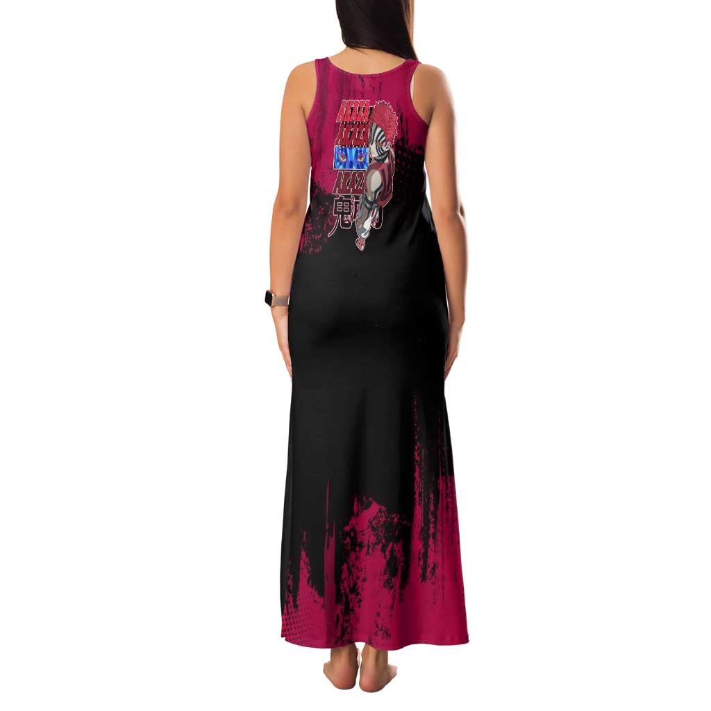 Akaza Demon Slayer Intense Eyes Design Family Matching Tank Maxi Dress and Hawaiian Shirt with Red and Black Grunge Aesthetic and Dynamic Pose