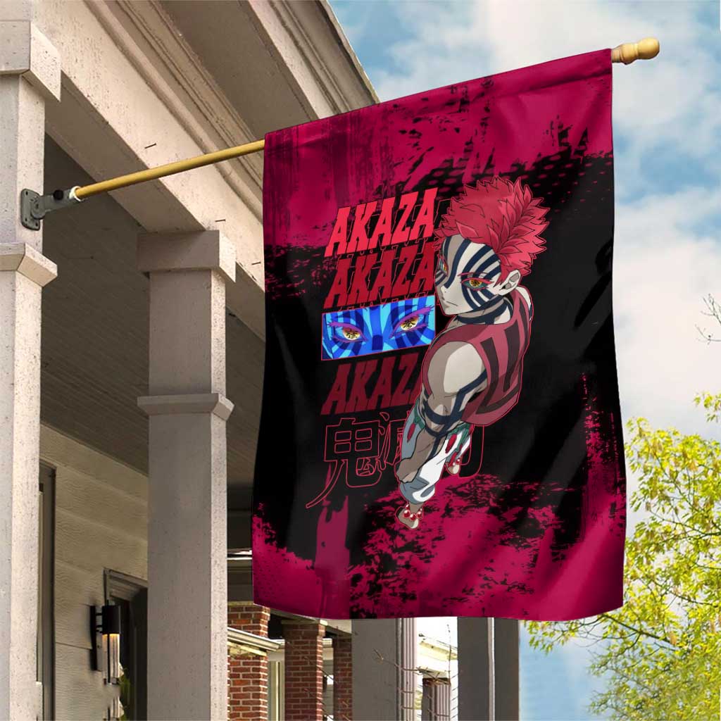 Akaza Demon Slayer Intense Eyes Design Garden Flag with Red and Black Grunge Aesthetic and Dynamic Pose - The Mazicc
