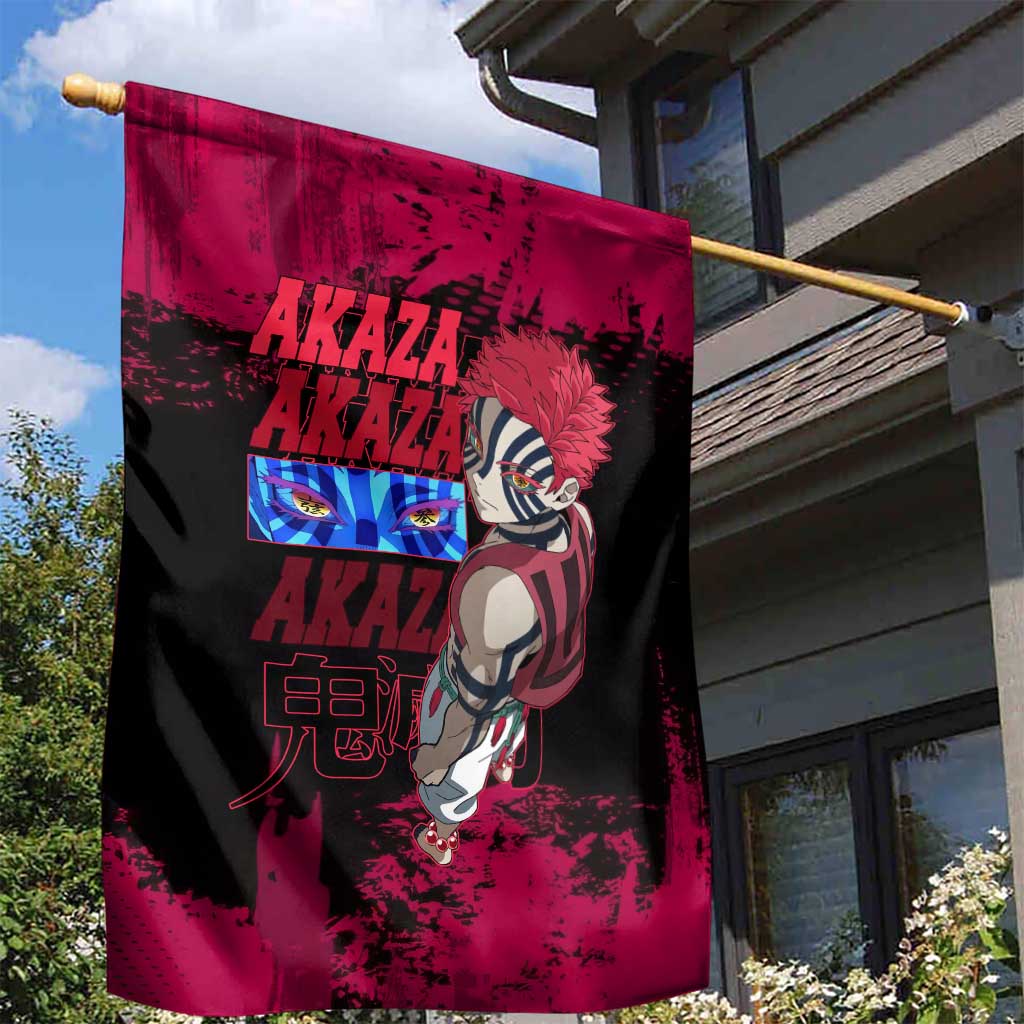 Akaza Demon Slayer Intense Eyes Design Garden Flag with Red and Black Grunge Aesthetic and Dynamic Pose - The Mazicc