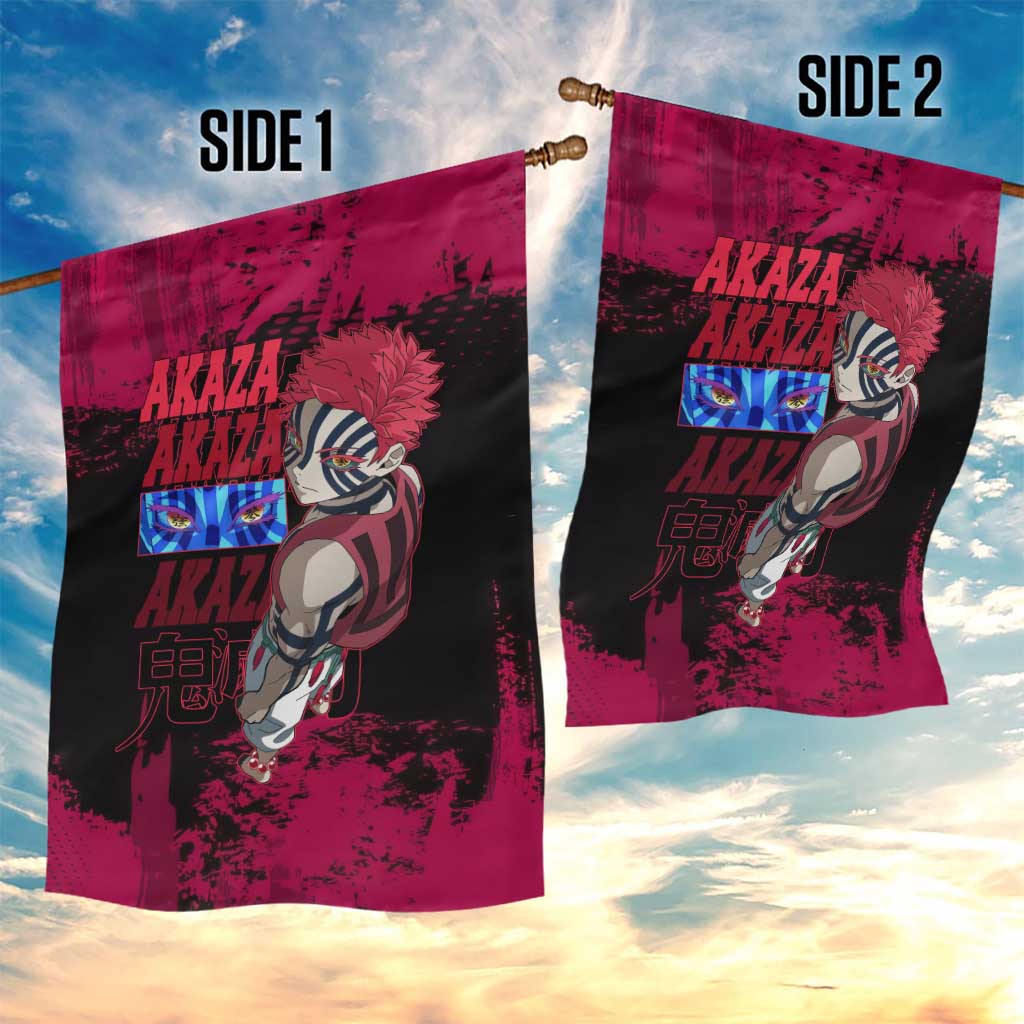Akaza Demon Slayer Intense Eyes Design Garden Flag with Red and Black Grunge Aesthetic and Dynamic Pose - The Mazicc