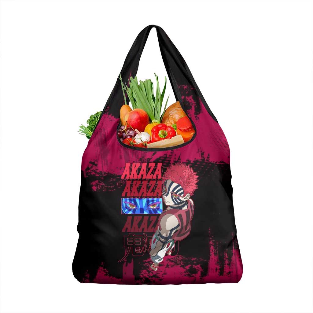Akaza Demon Slayer Intense Eyes Design Grocery Bag with Red and Black Grunge Aesthetic and Dynamic Pose - The Mazicc