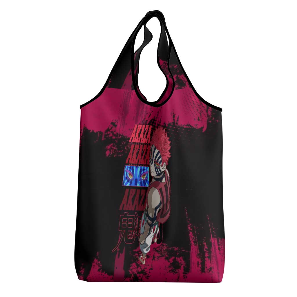 Akaza Demon Slayer Intense Eyes Design Grocery Bag with Red and Black Grunge Aesthetic and Dynamic Pose - The Mazicc