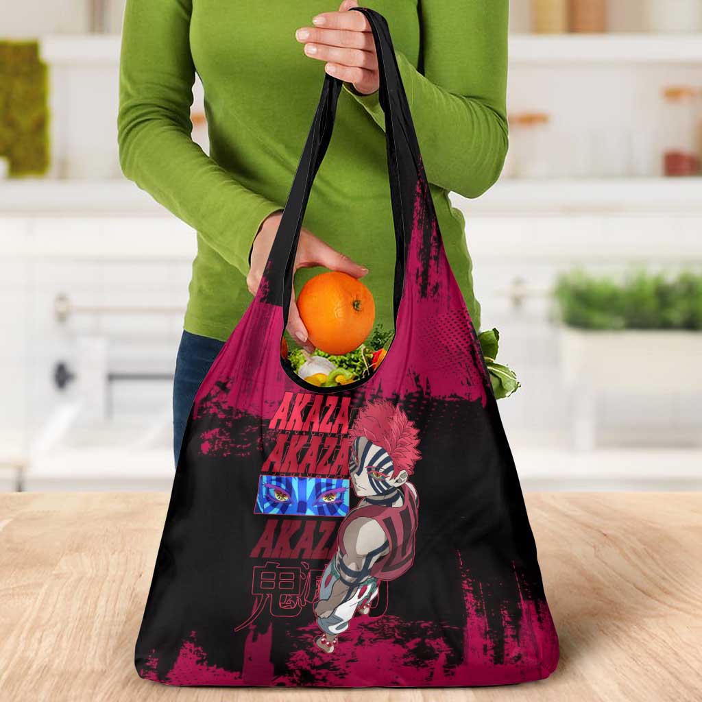Akaza Demon Slayer Intense Eyes Design Grocery Bag with Red and Black Grunge Aesthetic and Dynamic Pose - The Mazicc