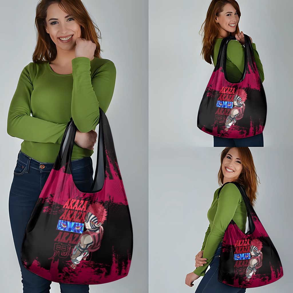 Akaza Demon Slayer Intense Eyes Design Grocery Bag with Red and Black Grunge Aesthetic and Dynamic Pose - The Mazicc