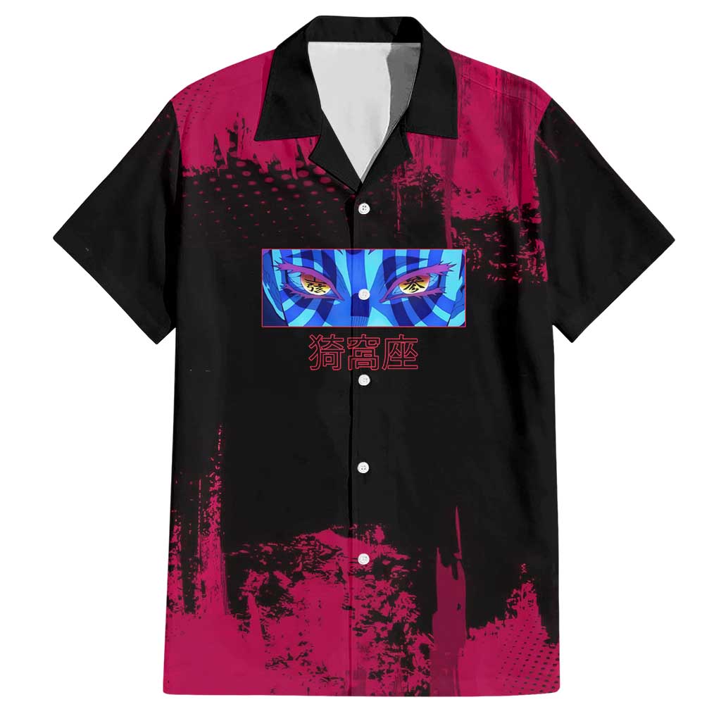 Akaza Demon Slayer Intense Eyes Design Hawaiian Shirt with Red and Black Grunge Aesthetic and Dynamic Pose - The Mazicc