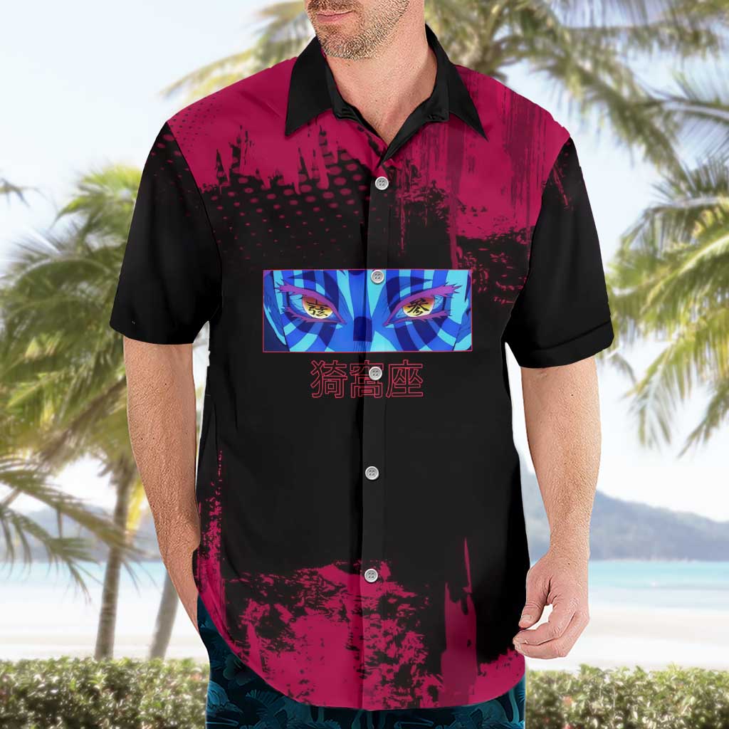 Akaza Demon Slayer Intense Eyes Design Hawaiian Shirt with Red and Black Grunge Aesthetic and Dynamic Pose - The Mazicc