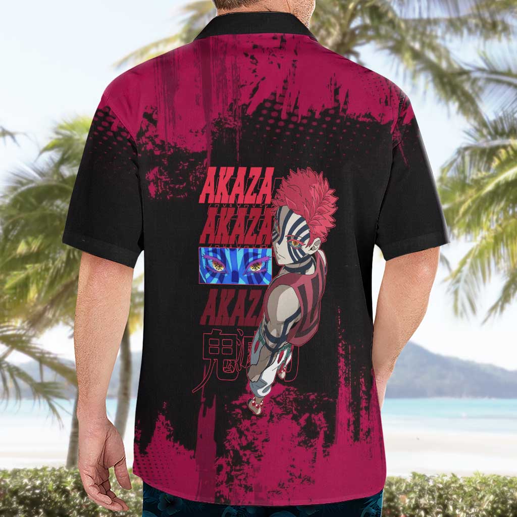 Akaza Demon Slayer Intense Eyes Design Hawaiian Shirt with Red and Black Grunge Aesthetic and Dynamic Pose - The Mazicc