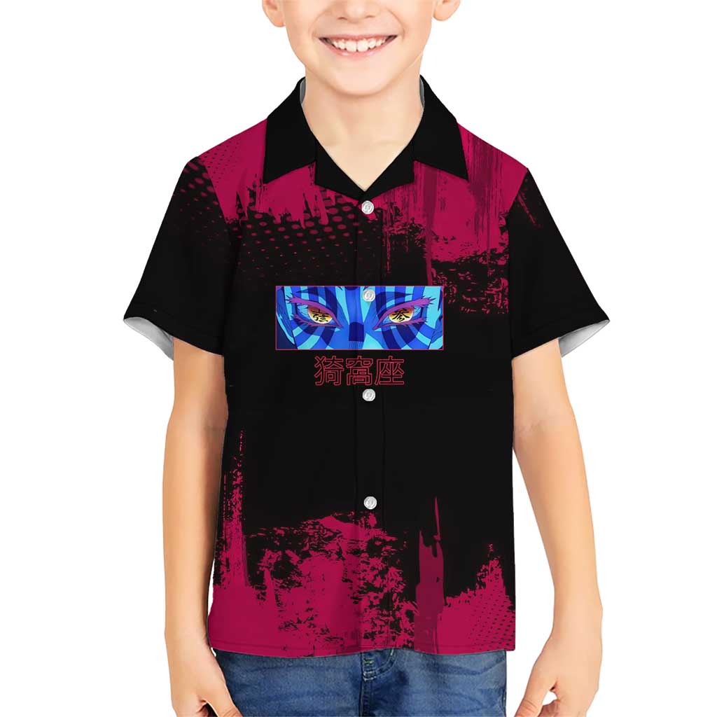 Akaza Demon Slayer Intense Eyes Design Hawaiian Shirt with Red and Black Grunge Aesthetic and Dynamic Pose - The Mazicc