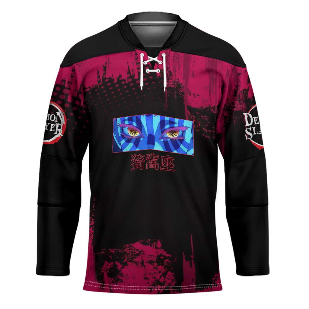 Akaza Demon Slayer Intense Eyes Design Hockey Jersey with Red and Black Grunge Aesthetic and Dynamic Pose - The Mazicc