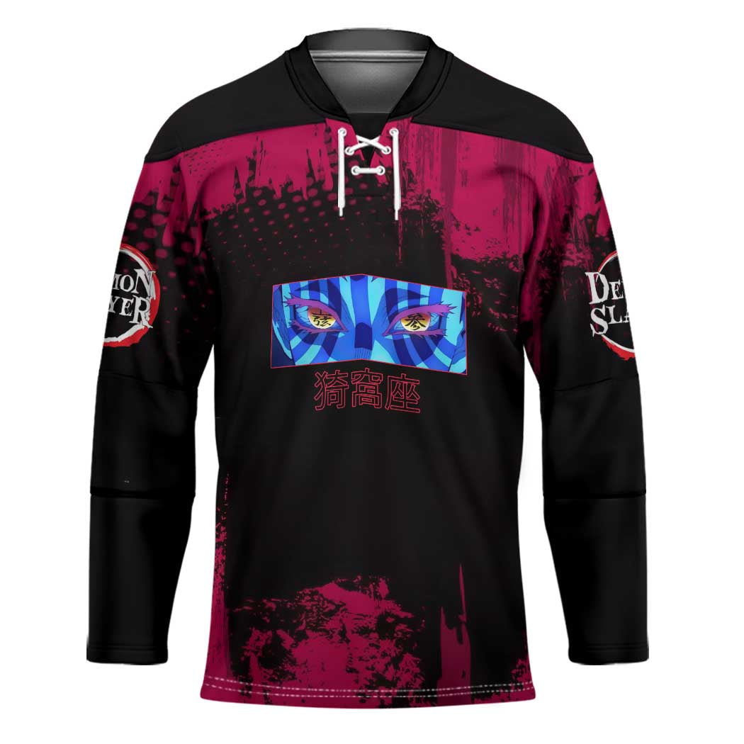 Akaza Demon Slayer Intense Eyes Design Hockey Jersey with Red and Black Grunge Aesthetic and Dynamic Pose - The Mazicc