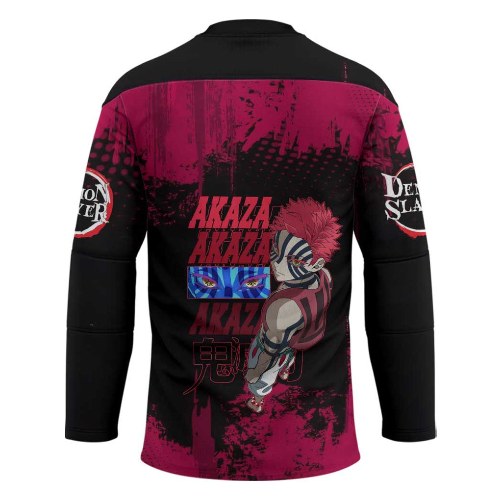 Akaza Demon Slayer Intense Eyes Design Hockey Jersey with Red and Black Grunge Aesthetic and Dynamic Pose - The Mazicc