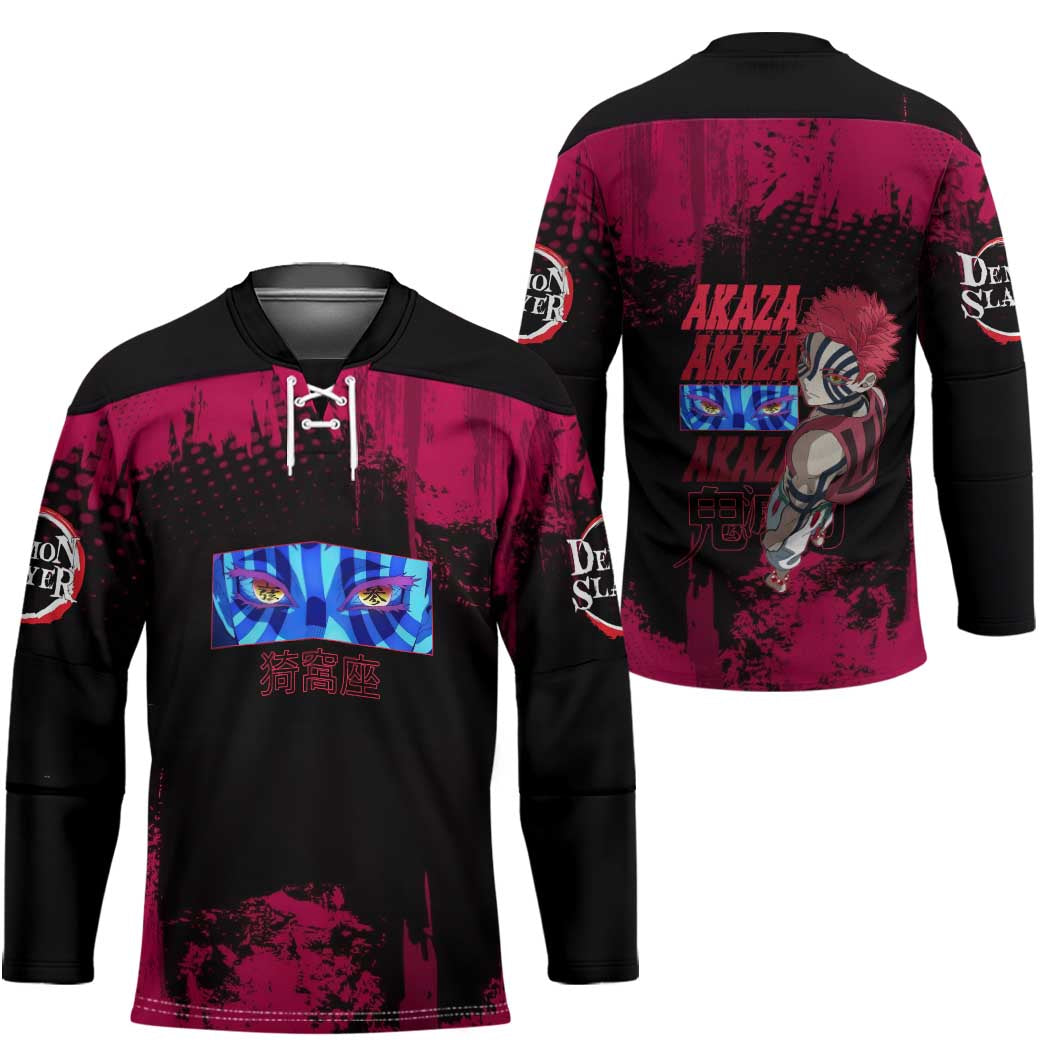 Akaza Demon Slayer Intense Eyes Design Hockey Jersey with Red and Black Grunge Aesthetic and Dynamic Pose - The Mazicc