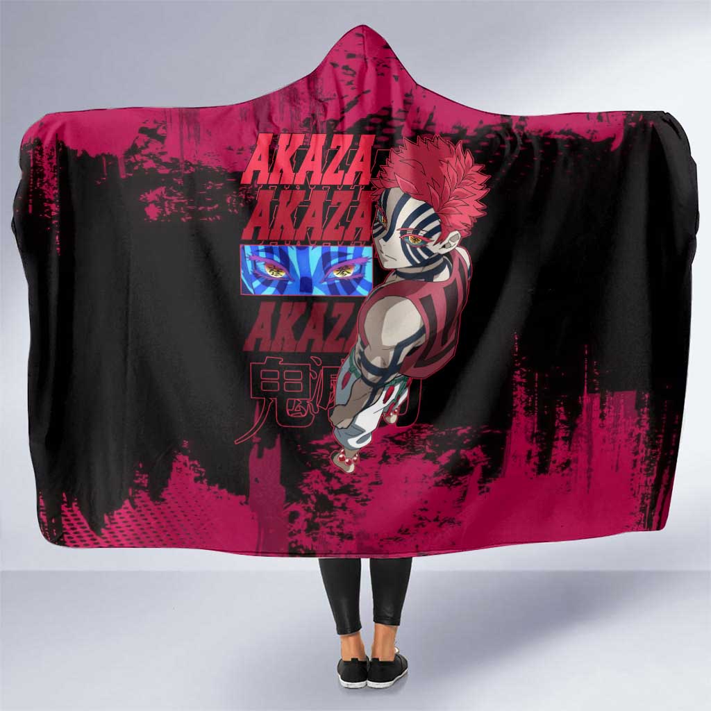 Akaza Demon Slayer Intense Eyes Design Hooded Blanket with Red and Black Grunge Aesthetic and Dynamic Pose - The Mazicc