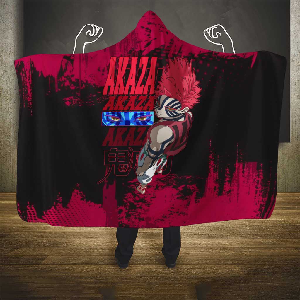 Akaza Demon Slayer Intense Eyes Design Hooded Blanket with Red and Black Grunge Aesthetic and Dynamic Pose - The Mazicc