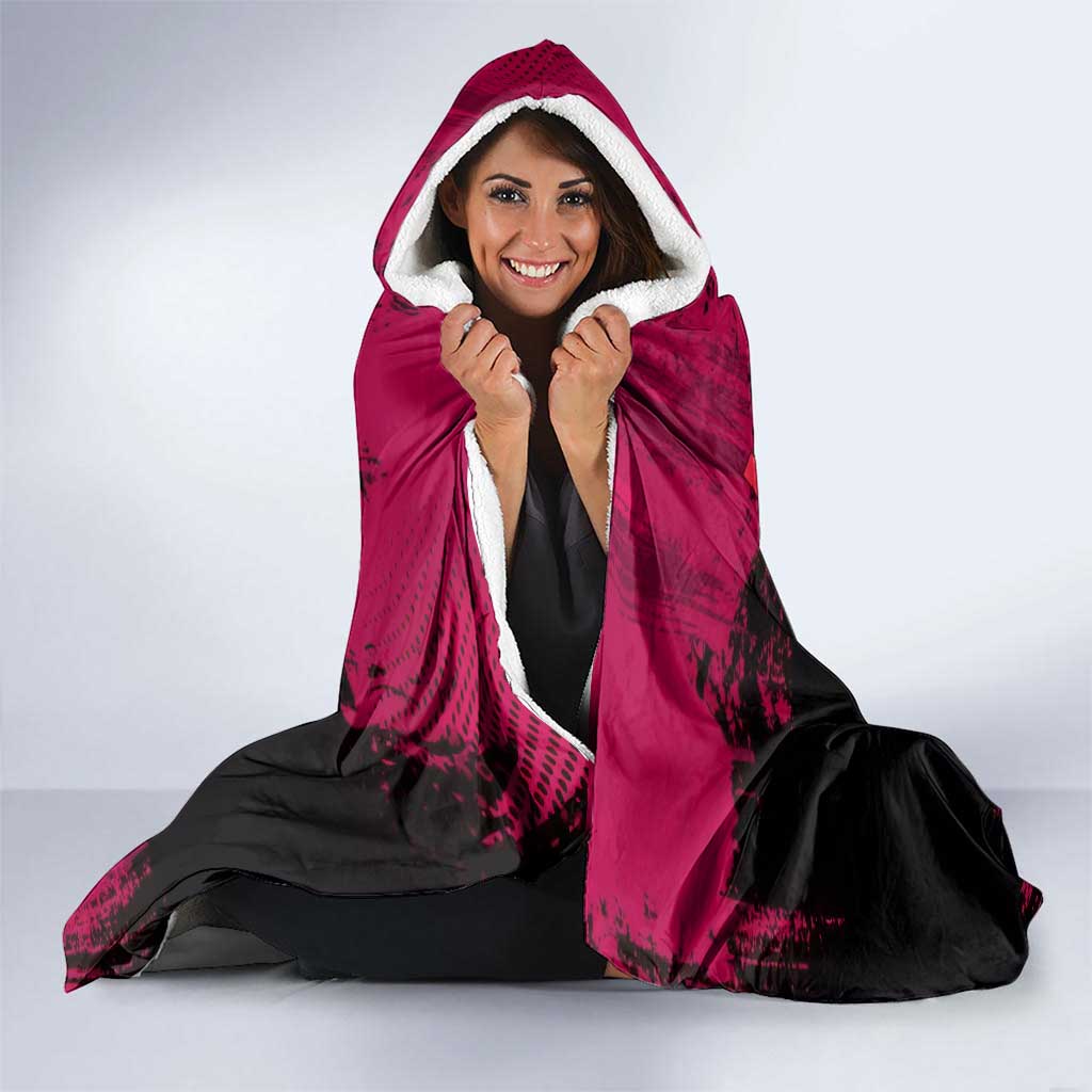 Akaza Demon Slayer Intense Eyes Design Hooded Blanket with Red and Black Grunge Aesthetic and Dynamic Pose - The Mazicc