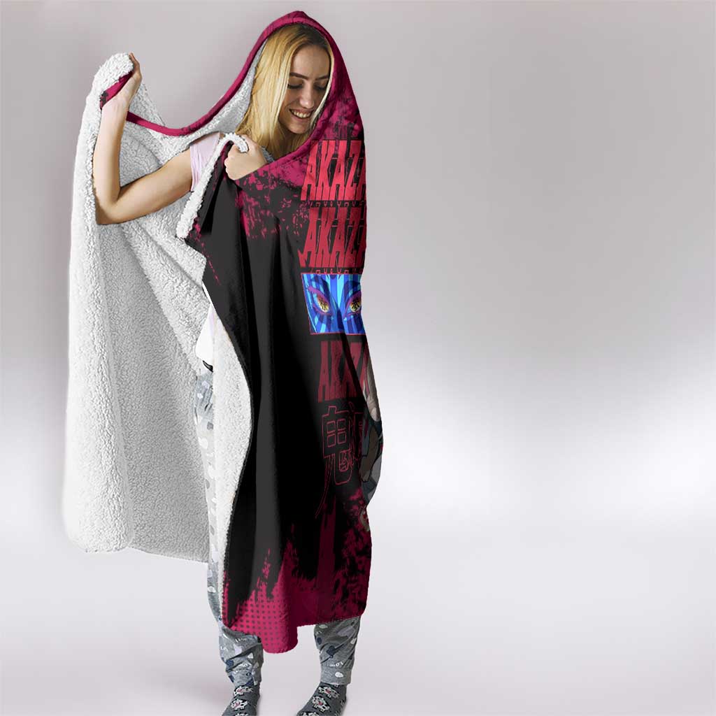 Akaza Demon Slayer Intense Eyes Design Hooded Blanket with Red and Black Grunge Aesthetic and Dynamic Pose - The Mazicc