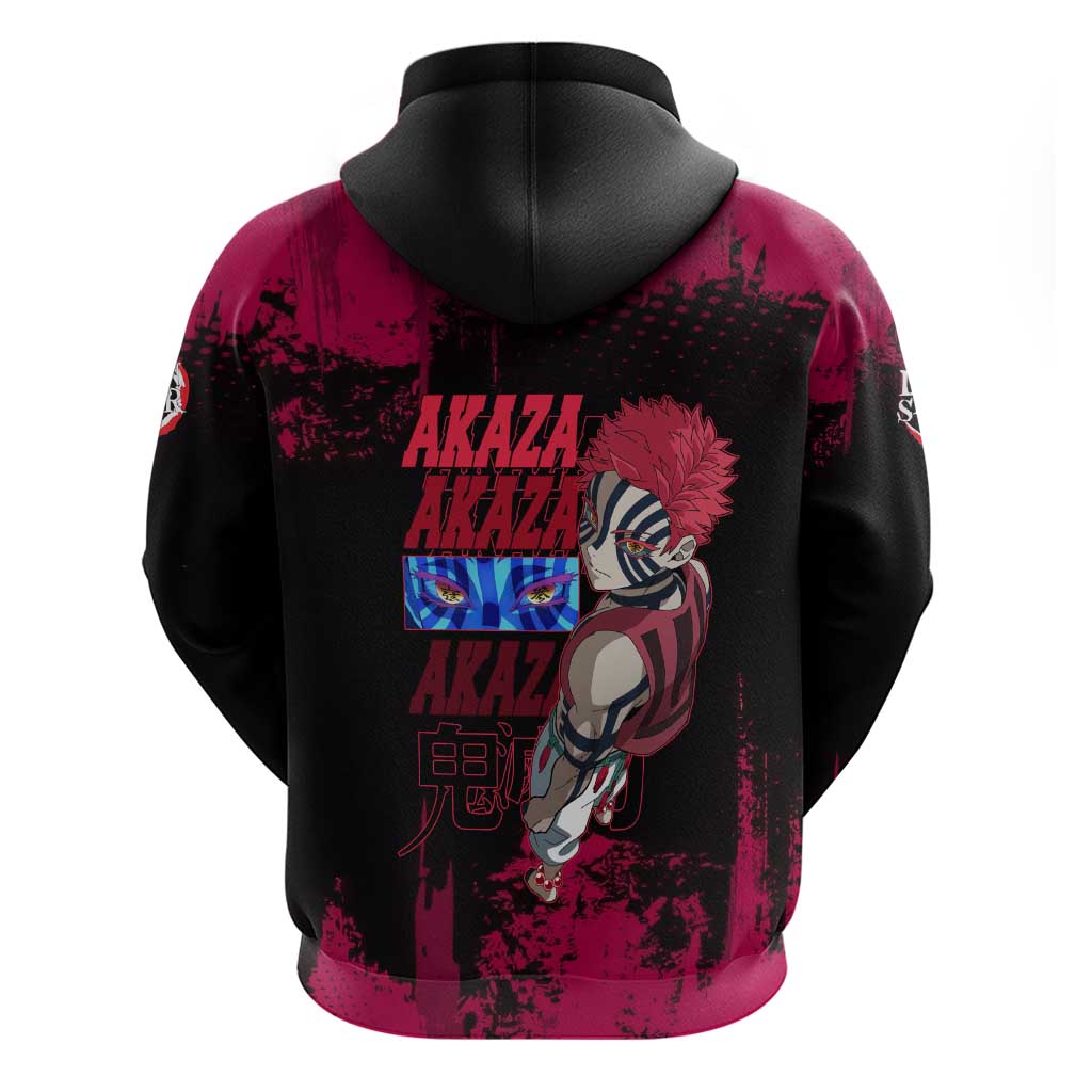 Akaza Demon Slayer Intense Eyes Design Hoodie with Red and Black Grunge Aesthetic and Dynamic Pose - The Mazicc